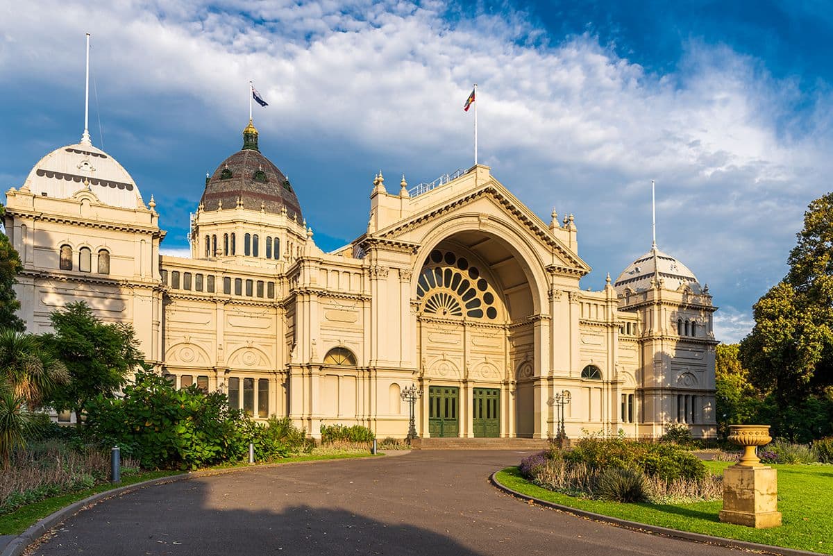 Night exterior of the Royal Exhibition Building